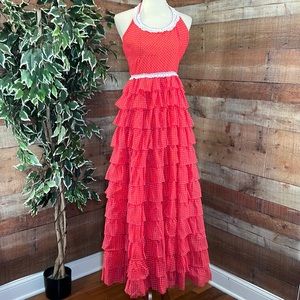 NADINE VINTAGE Red Polka Dot Lace Collar Haler Tiered Dress